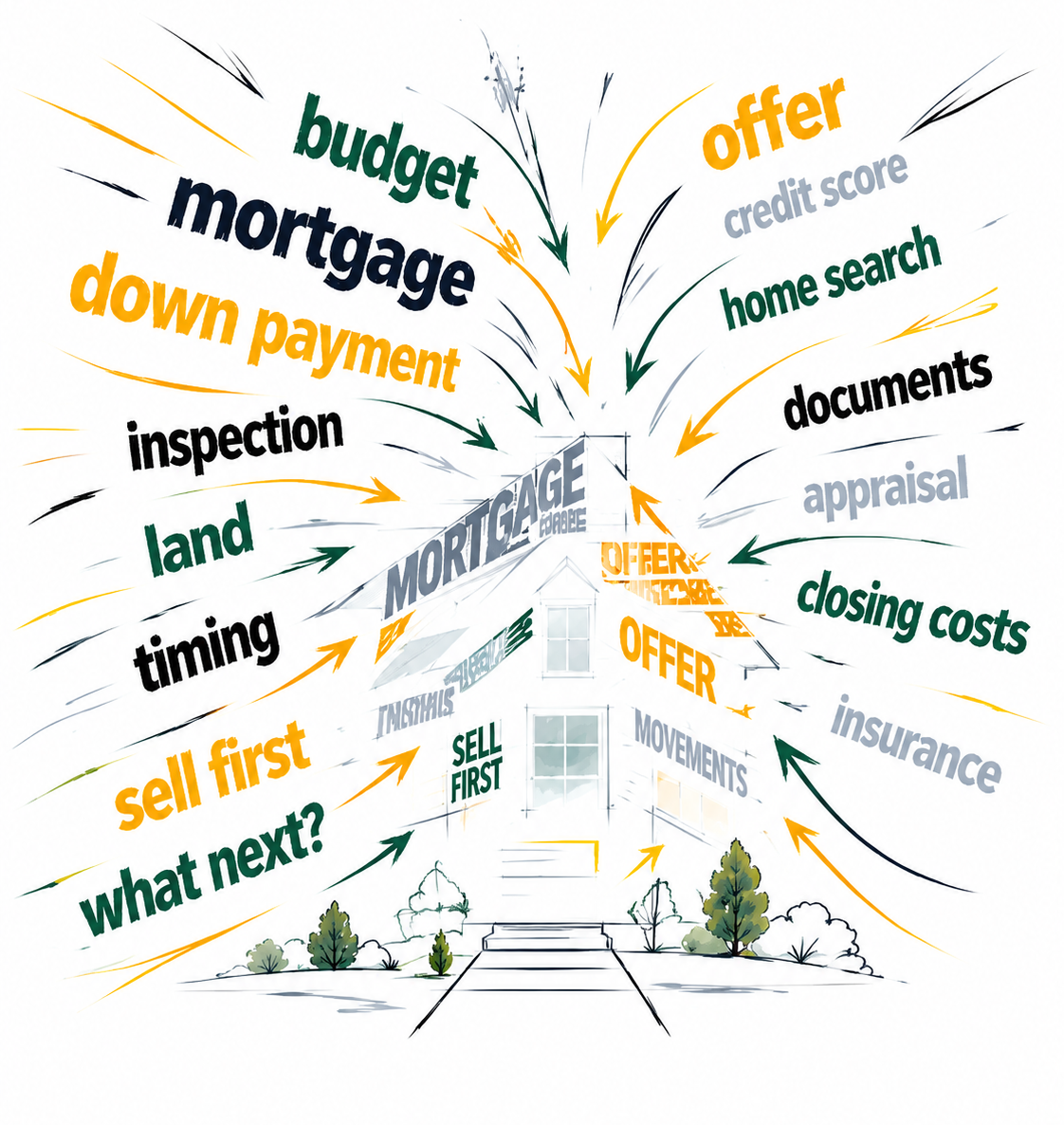 Real-estate questions and terms — mortgage, budget, timing, offers — converging toward the shape of a house