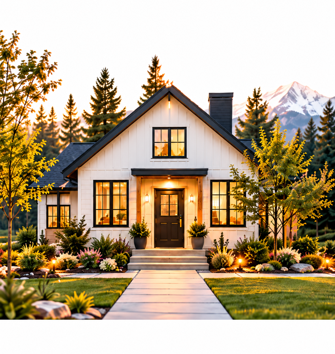 A finished Oregon home at golden hour, framed by trees and mountains